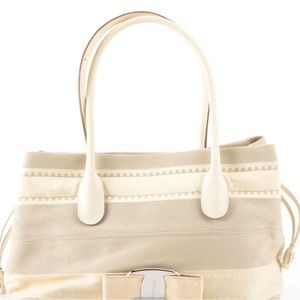 Salvatore Ferragamo Vara Bow Tote Bag in Beige Canvas and Leather